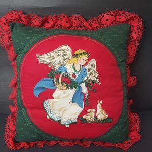 Vintage Victorian Style Red Lace Christmas Angel Throw Pillow 15x15